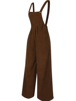 Online Retro Stage 1930s Solid Corduroy Bib Jumpsuit Brown