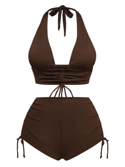 Sale Retro Stage 1950s Solid Deep V-Neck Halter Bikini Set Brown