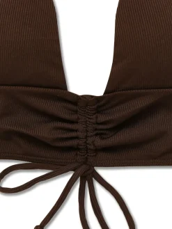 Sale Retro Stage 1950s Solid Deep V-Neck Halter Bikini Set Brown