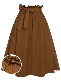 New Retro Stage 1950s Solid Elastic Waist Belt Skirt Brown