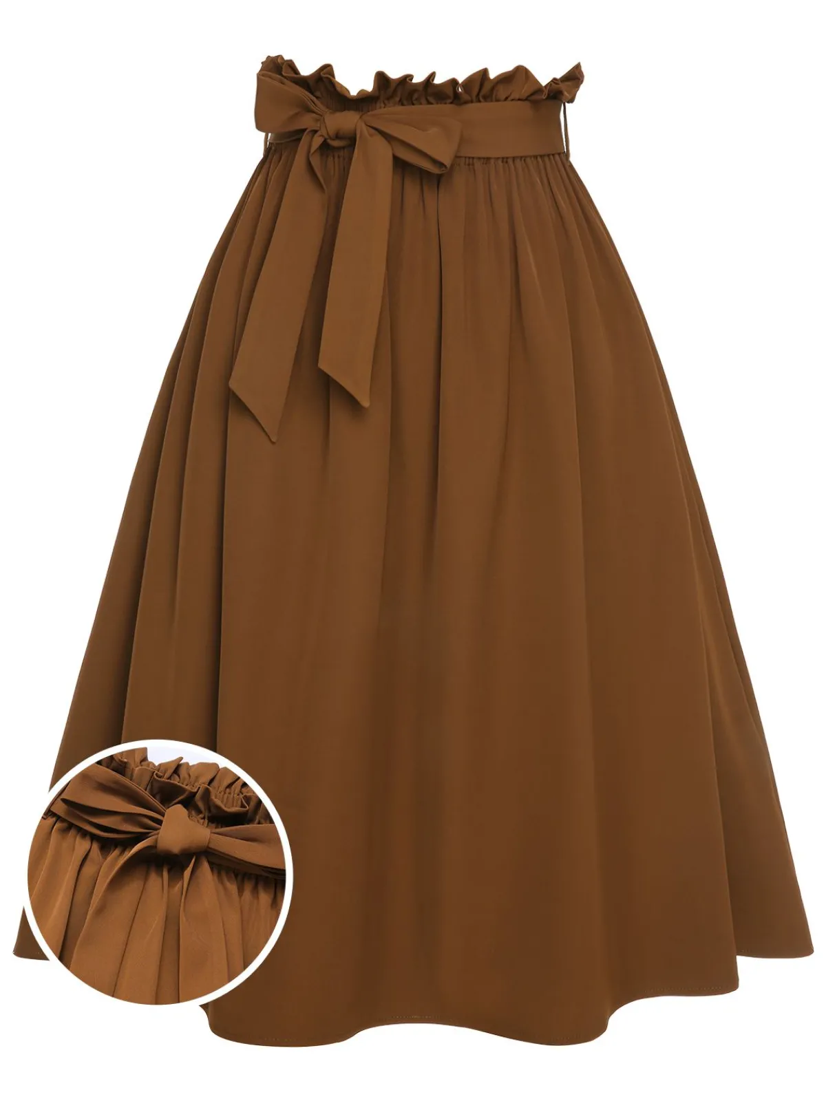 New Retro Stage 1950s Solid Elastic Waist Belt Skirt Brown
