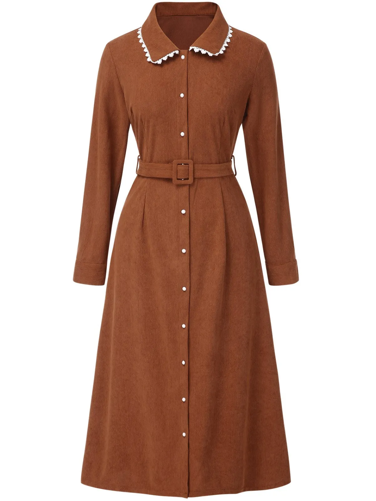 New Retro Stage 1940s Solid Lapel Belted Corduroy Dress Brown