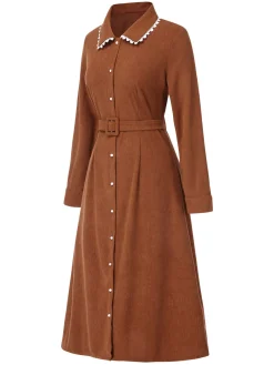 New Retro Stage 1940s Solid Lapel Belted Corduroy Dress Brown