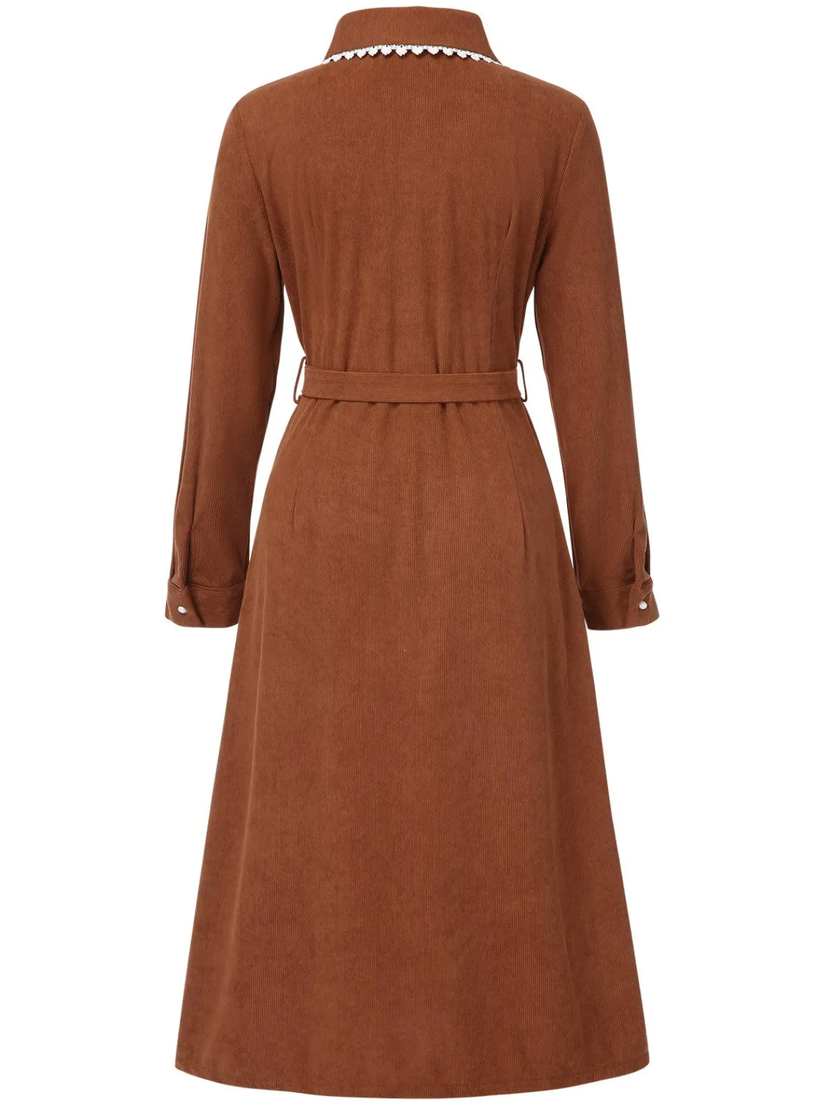 New Retro Stage 1940s Solid Lapel Belted Corduroy Dress Brown