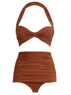 Best Retro Stage Brown 1950s Solid Mesh Halter Swimsuit Orange