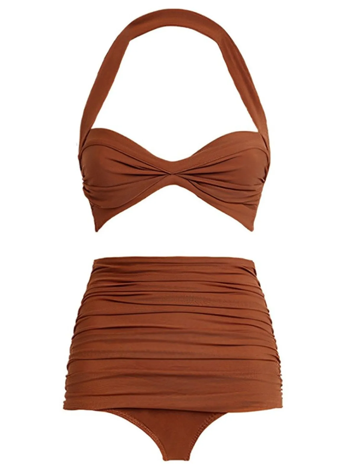 Best Retro Stage Brown 1950s Solid Mesh Halter Swimsuit Orange