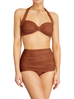 Best Retro Stage Brown 1950s Solid Mesh Halter Swimsuit Orange