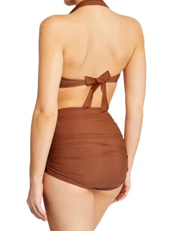 Best Retro Stage Brown 1950s Solid Mesh Halter Swimsuit Orange