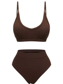 New Retro Stage 1950s Spaghetti Strap Solid Swimsuit Brown