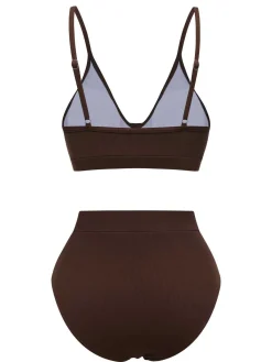 New Retro Stage 1950s Spaghetti Strap Solid Swimsuit Brown