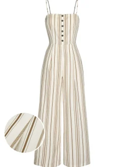 Sale Retro Stage 1930s Stripes Spaghetti Straps Jumpsuit Brown