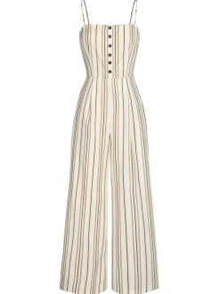 Sale Retro Stage 1930s Stripes Spaghetti Straps Jumpsuit Brown