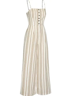 Sale Retro Stage 1930s Stripes Spaghetti Straps Jumpsuit Brown