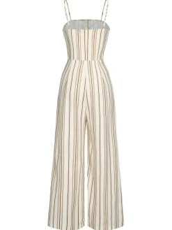 Sale Retro Stage 1930s Stripes Spaghetti Straps Jumpsuit Brown
