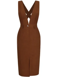 Hot Retro Stage 1960s V-Neck Cross-Back Pinafore Dress Brown