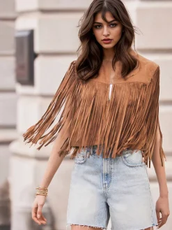 Outlet Retro Stage Brown 1980s Western Fringe Cowgirl Vest Light Brown