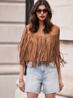 Outlet Retro Stage Brown 1980s Western Fringe Cowgirl Vest Light Brown