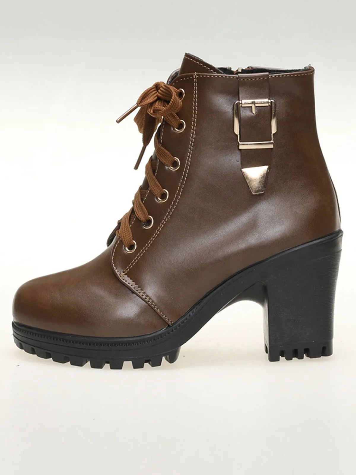 Fashion Retro Stage Vintage Leather Chunky High Heels Brown