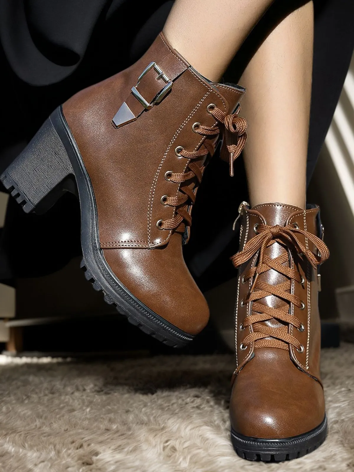 Fashion Retro Stage Vintage Leather Chunky High Heels Brown