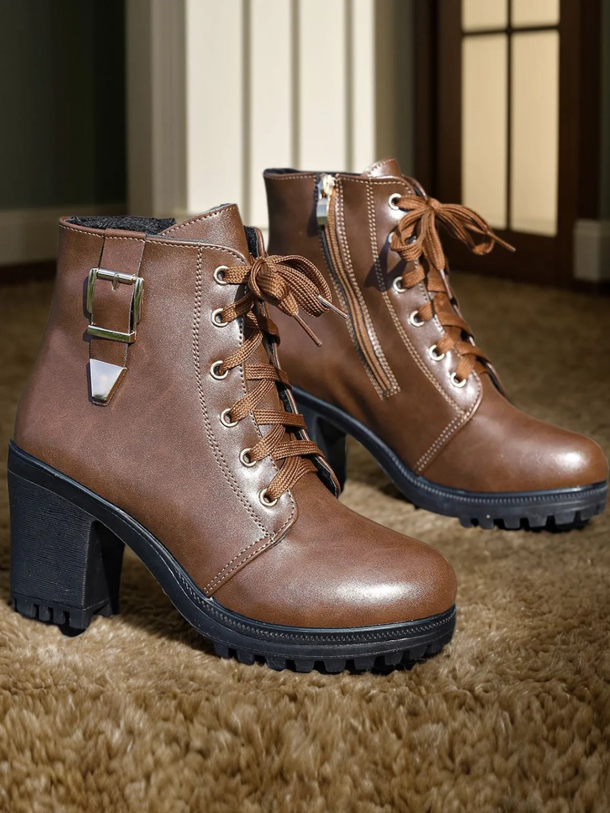 Fashion Retro Stage Vintage Leather Chunky High Heels Brown