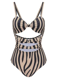 New Retro Stage Zebra Print Cutout One-Piece Swimsuit Brown