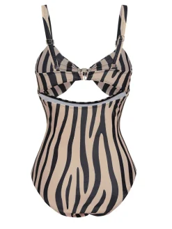 New Retro Stage Zebra Print Cutout One-Piece Swimsuit Brown