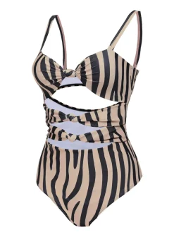 New Retro Stage Zebra Print Cutout One-Piece Swimsuit Brown