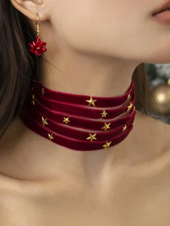 Discount Retro Stage Burgundy Christmas Star Wide Velvet Necklace