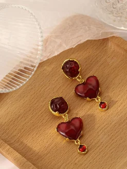 Discount Retro Stage Burgundy Heart Resin Vintage Earrings