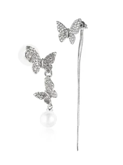 Hot Retro Stage Butterfly Diamond Pearl Asymmetric Earrings