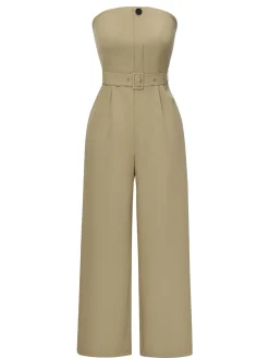 Best Retro Stage 1930s Solid Strapless Belt Jumpsuit Camel