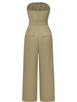 Best Retro Stage 1930s Solid Strapless Belt Jumpsuit Camel