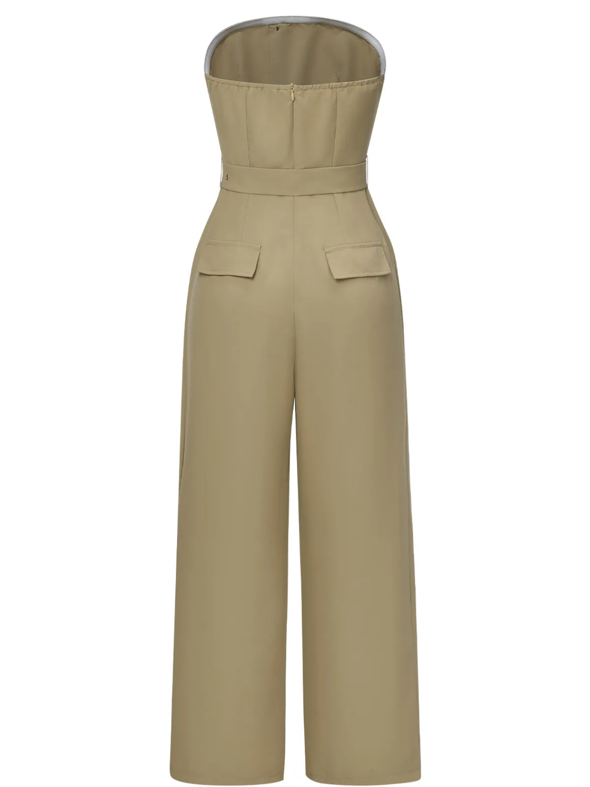 Best Retro Stage 1930s Solid Strapless Belt Jumpsuit Camel