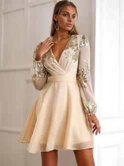 Hot Retro Stage 1980s Gilded Long Sleeves Patchwork Dress Champagne