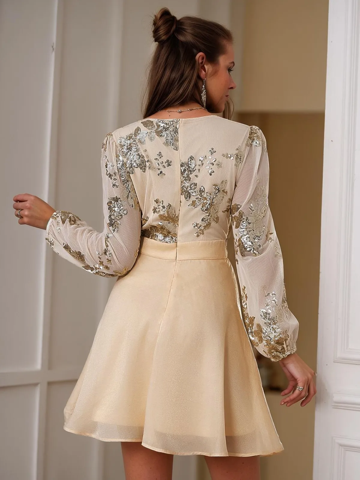 Hot Retro Stage 1980s Gilded Long Sleeves Patchwork Dress Champagne