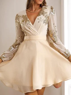 Hot Retro Stage 1980s Gilded Long Sleeves Patchwork Dress Champagne
