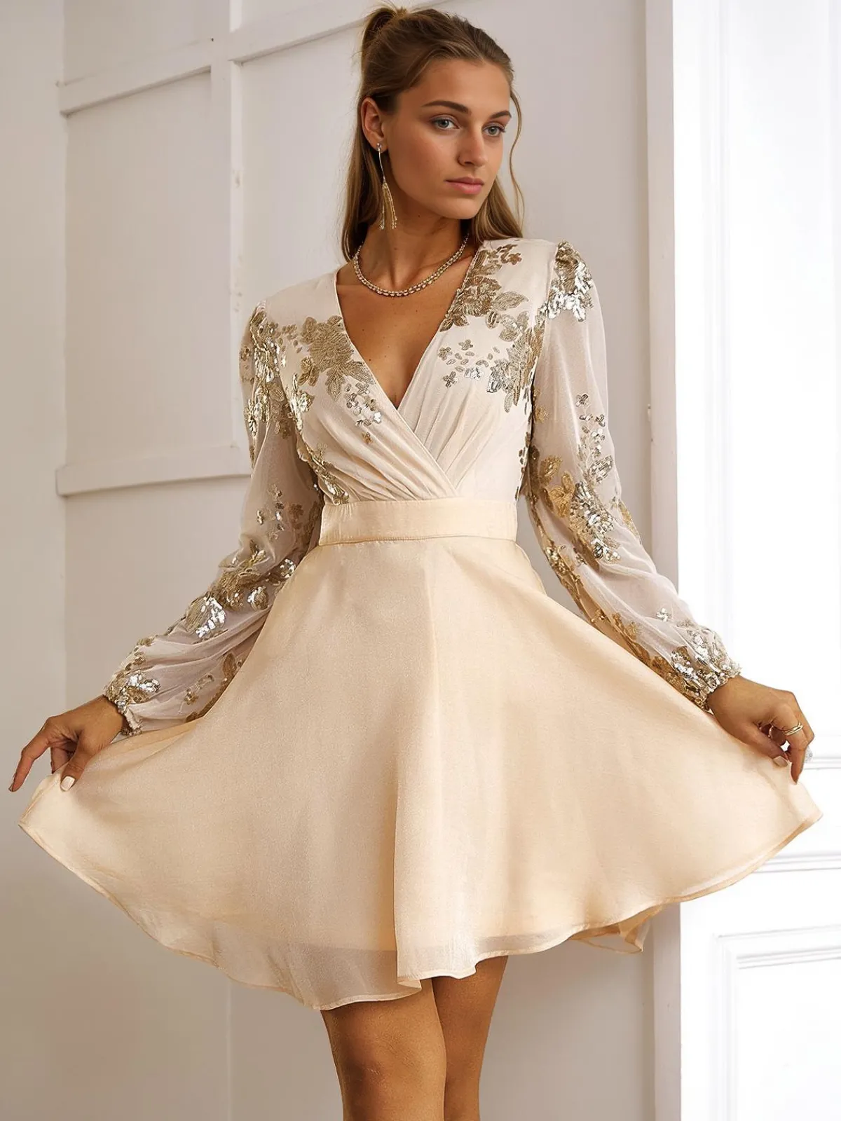 Hot Retro Stage 1980s Gilded Long Sleeves Patchwork Dress Champagne