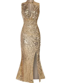 Fashion Retro Stage 1930s Keyhole Sequined Maxi Dress Champagne
