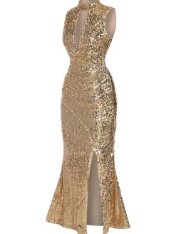 Fashion Retro Stage 1930s Keyhole Sequined Maxi Dress Champagne