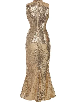Fashion Retro Stage 1930s Keyhole Sequined Maxi Dress Champagne