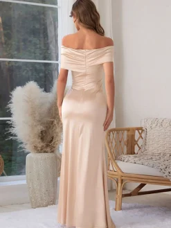 Online Retro Stage 1930s Off Shoulder Slit Satin Dress Champagne