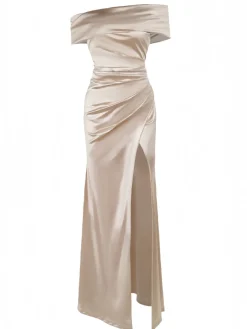Online Retro Stage 1930s Off Shoulder Slit Satin Dress Champagne