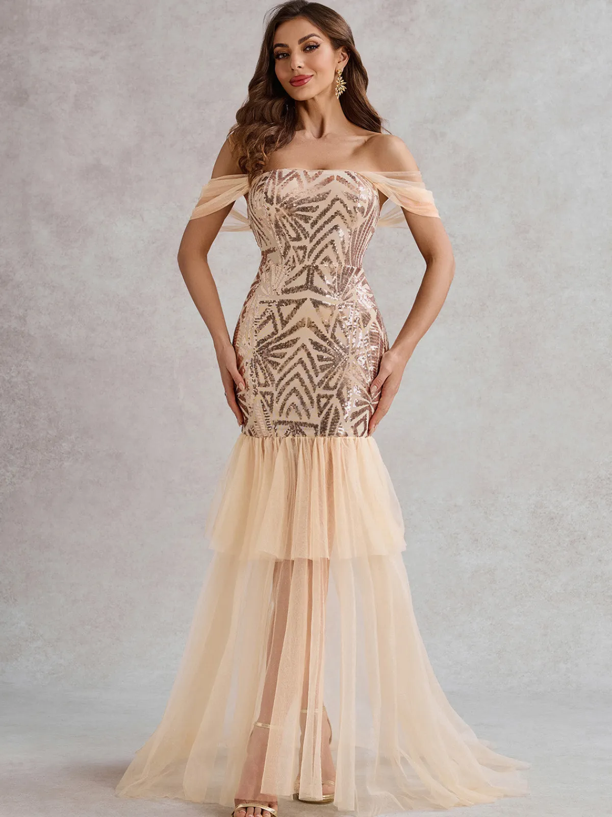 Sale Retro Stage 1920s Off-Shoulder Sequined Mesh Dress Champagne