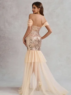 Sale Retro Stage 1920s Off-Shoulder Sequined Mesh Dress Champagne