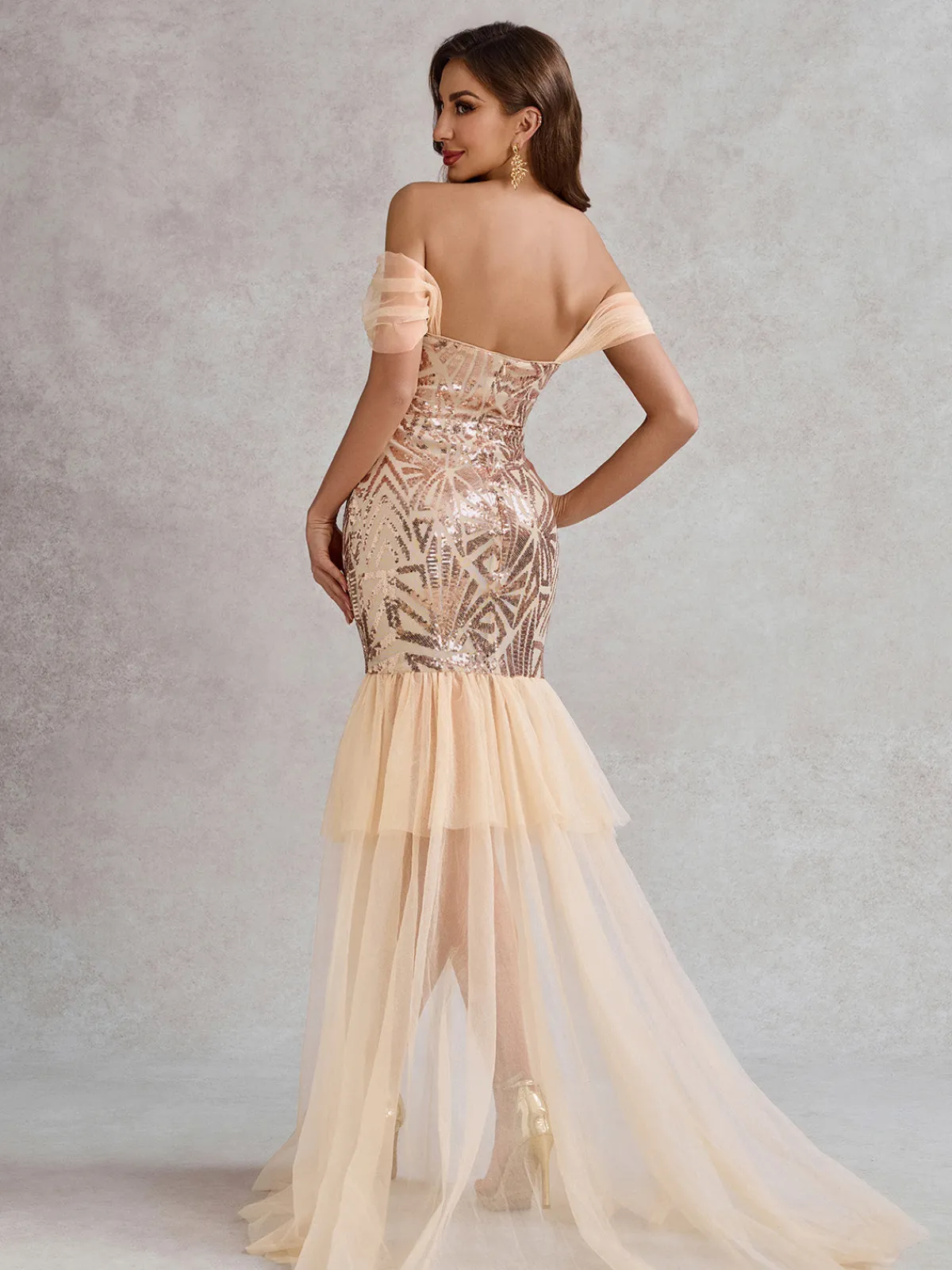Sale Retro Stage 1920s Off-Shoulder Sequined Mesh Dress Champagne