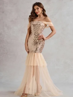 Sale Retro Stage 1920s Off-Shoulder Sequined Mesh Dress Champagne