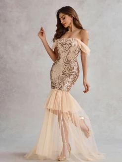 Sale Retro Stage 1920s Off-Shoulder Sequined Mesh Dress Champagne
