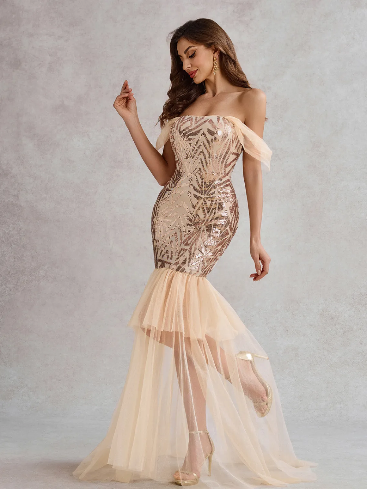 Sale Retro Stage 1920s Off-Shoulder Sequined Mesh Dress Champagne