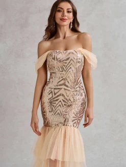 Sale Retro Stage 1920s Off-Shoulder Sequined Mesh Dress Champagne