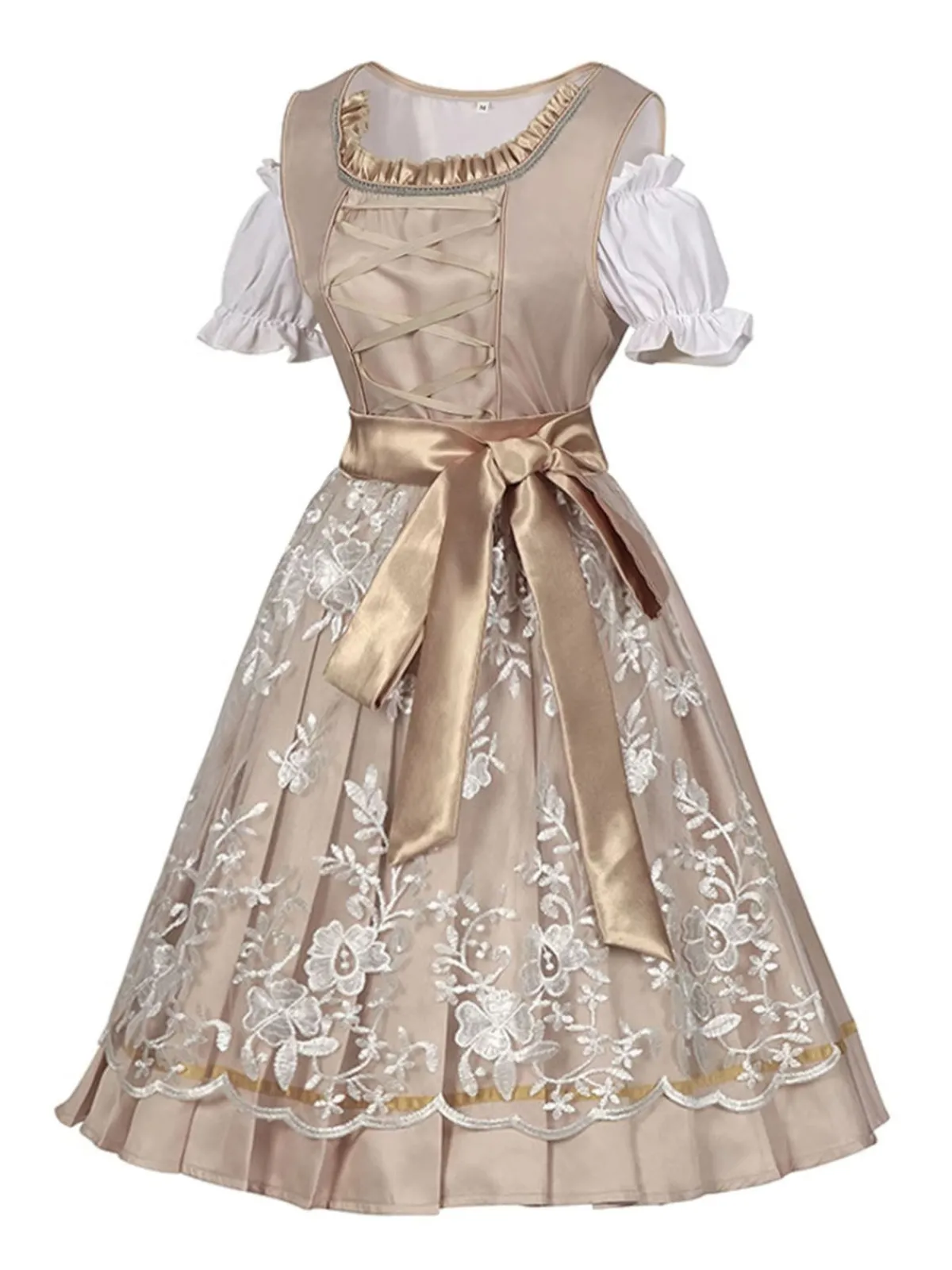 Fashion Retro Stage 1950s Puff Top & Floral Bow Dress Champagne